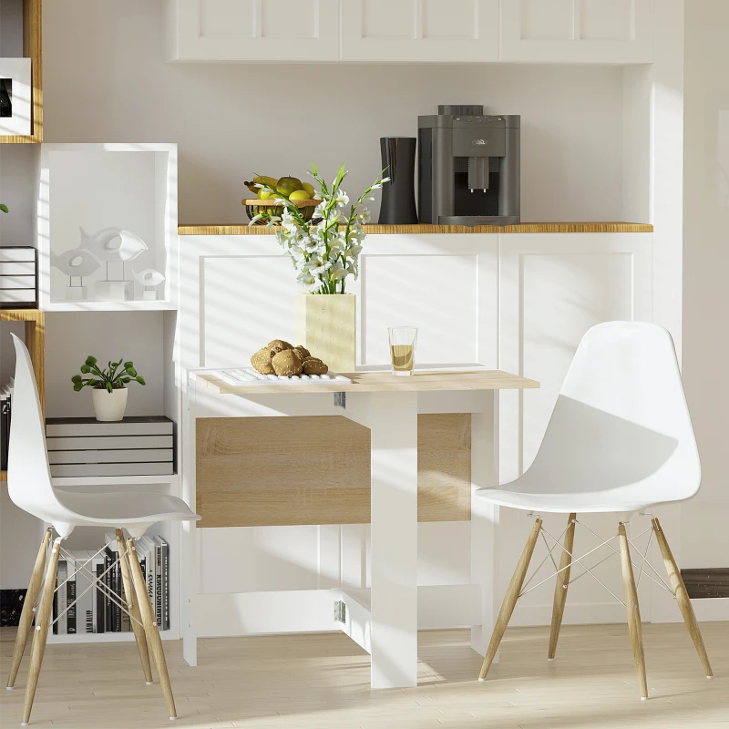 HOMCOM Drop Leaf Dining Table Wood Folding Table Multi-Use Side Table Dining Desk Space Saving Table, White/Oak