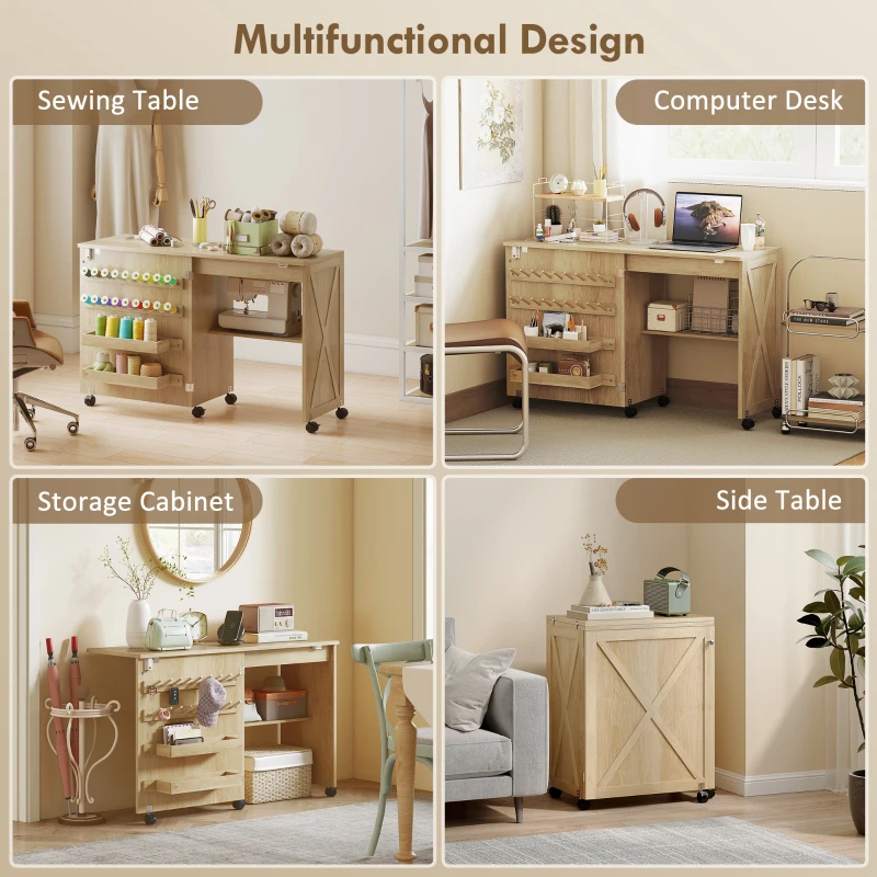 HOMCOM Sewing Machine Table on Wheels, Folding Craft Table with 2 Bins, Storage Shelf, 18 Pegs, Lockable Wheels, Natural
