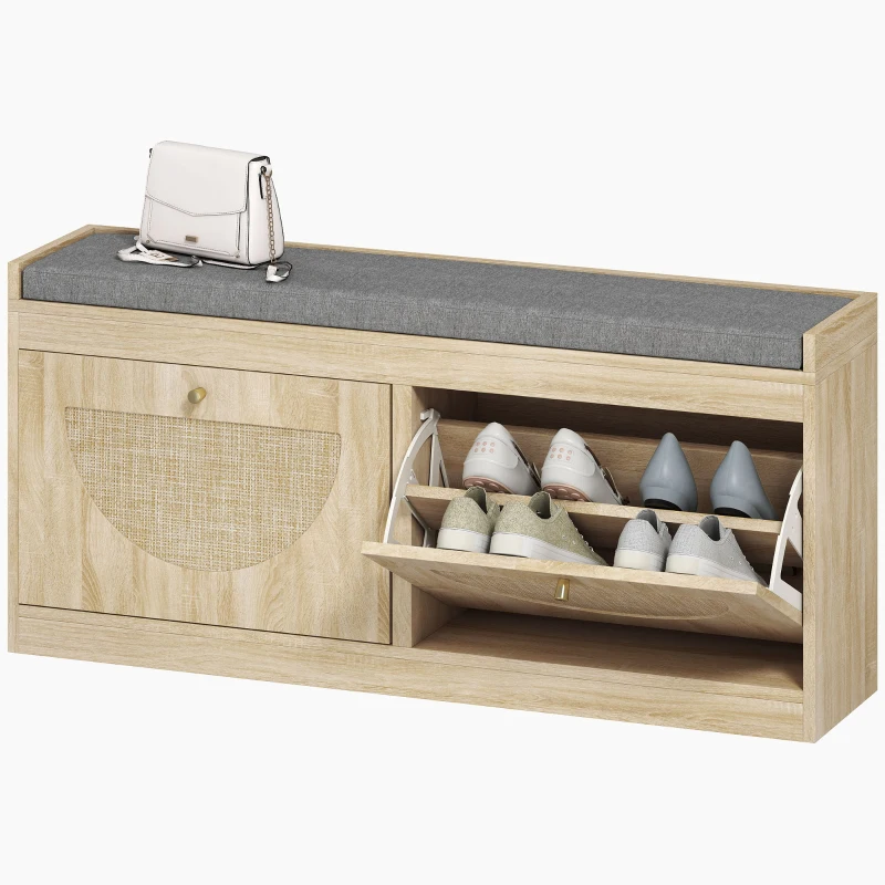 HOMCOM Shoe Bench with Flip Doors, Seat Cushion, Adjustable Shelves for 8 Pairs, Boho Entryway Bench for Bedroom, Natural Wood