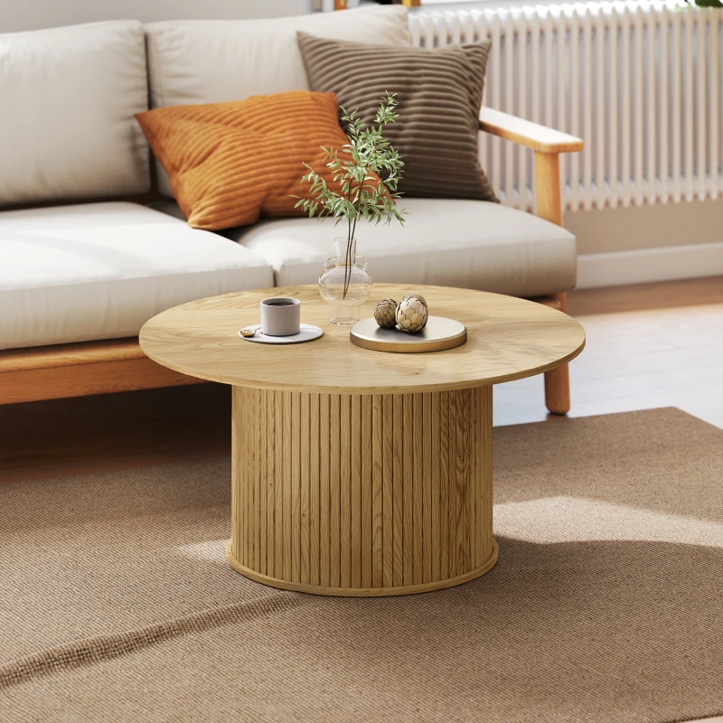 HOMCOM 31.5" Round Coffee Table, Nordic Style Center Table with Fluted Cylindrical Base for Living Room, Oak