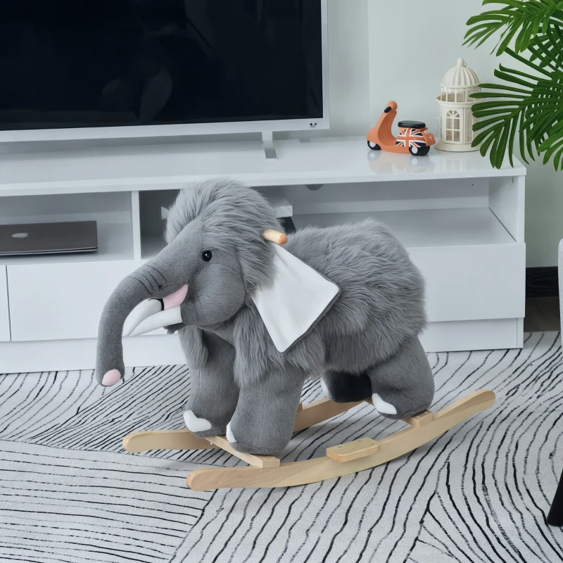 Qaba Kids Ride-On Rocking Horse Toy Mammoth Style Rocker with Fun Music & Soft Plush Fabric for Children 3+ Years