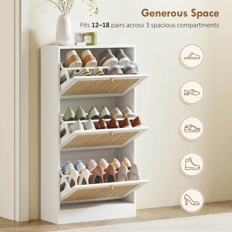 HOMCOM Rattan Shoe Storage Cabinet with 3 Flip Drawers and Adjustable Shelves, Entryway Shoe Cabinet for 18 Pairs, White