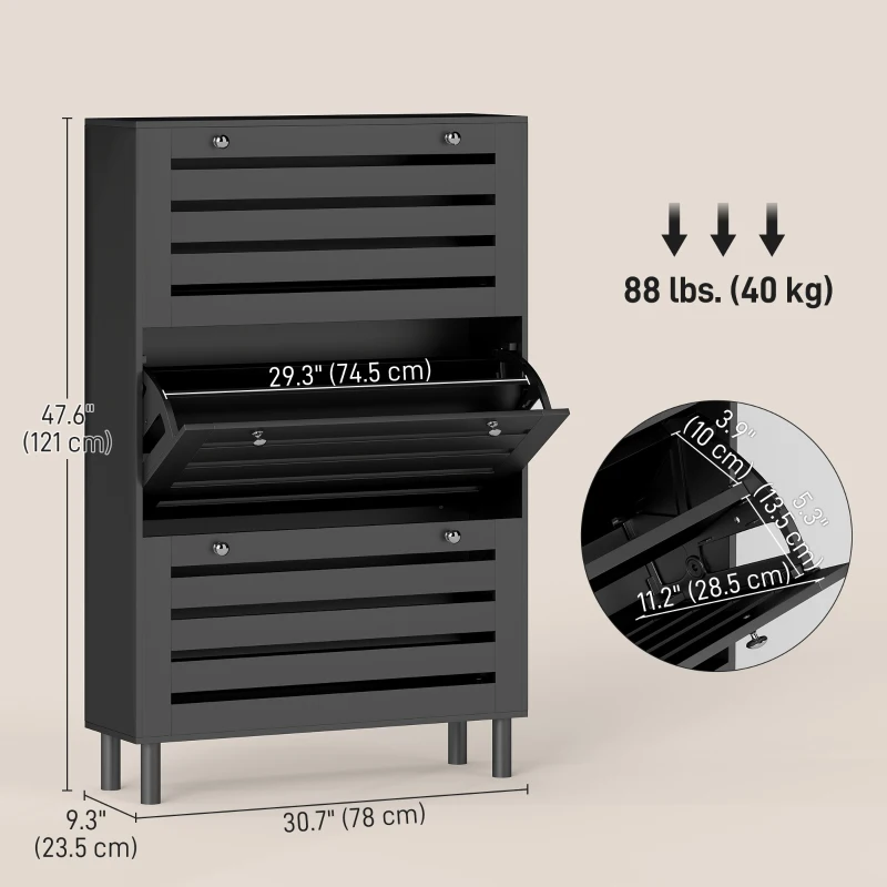 HOMCOM Narrow Shoe Storage Cabinet, 3 Flip Drawers, Adjustable Shelves, 24 Pairs Capacity, Black
