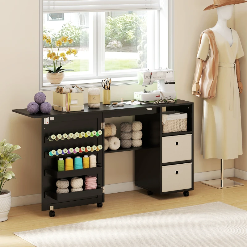 HOMCOM Rolling Sewing Machine Table with Power Outlet, Folding Craft Table with 2 Fabric Drawers, 2 Bins and 18 Pegs, Black