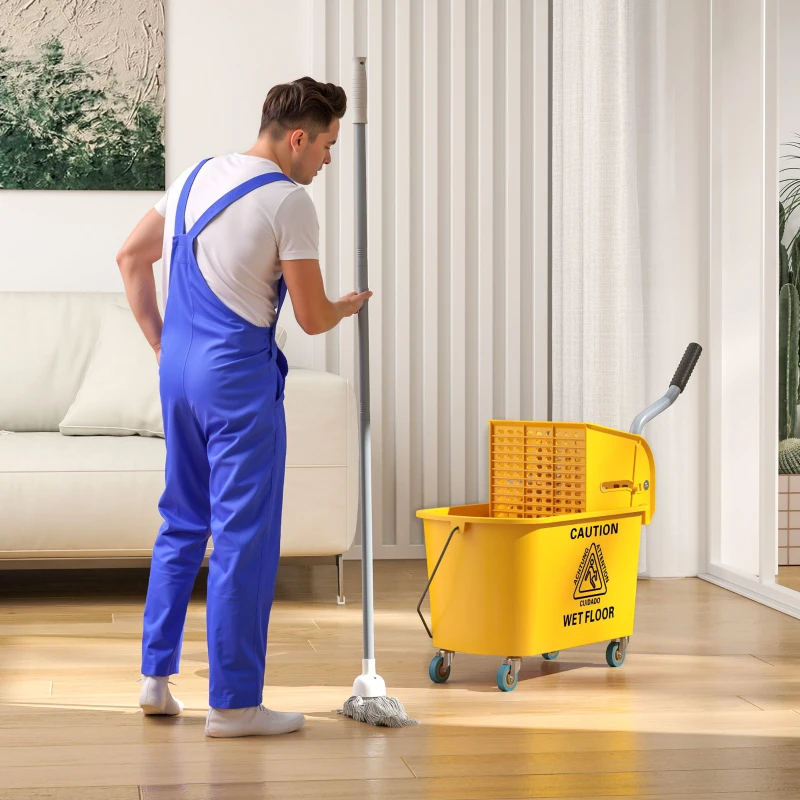HOMCOM Mop Bucket with Wringer on Wheels for Floor Cleaning, 21 Quart Side Press Wringer with Handle and Mop, Yellow