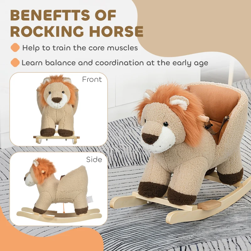 Qaba Baby Rocking Horse Lion with Sound, Plush Stuffed Rocking Animals, Wooden Rocking Horse with Seat Belt for 18-36 Months Boys and Girls Gift, Brown