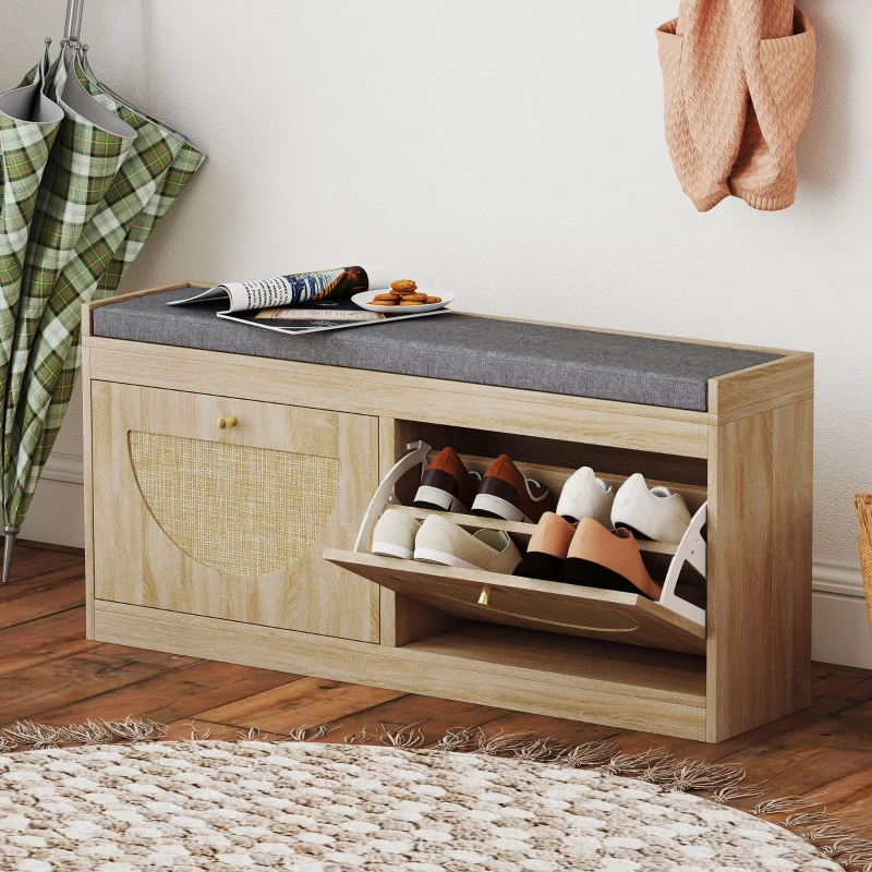 HOMCOM Shoe Bench with Flip Doors, Seat Cushion, Adjustable Shelves for 8 Pairs, Boho Entryway Bench for Bedroom, Natural Wood