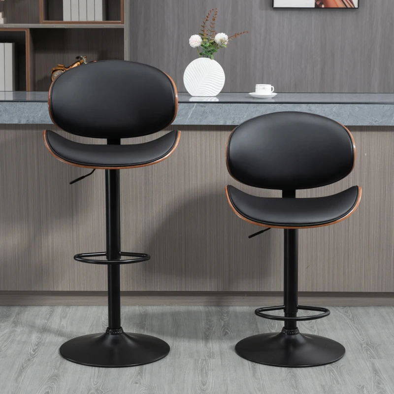 HOMCOM Bar Stools Set of 2, Modern PU Leather Adjustable Swivel Barstools with Curved Back, Footrest and Steel Base, Black