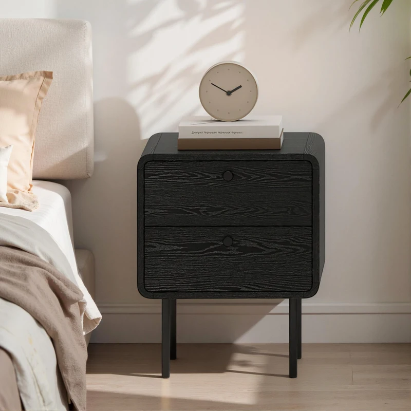 HOMCOM Modern Bedside Tables Set of 2, 2 Pieces Nightstands with 2 Storage Drawers and Steel Legs for Bedroom, Black Wood Grain