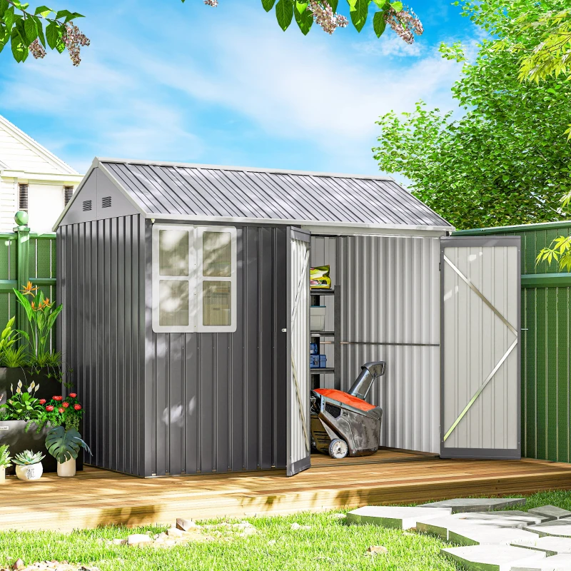 Outsunny 8' x 5.5' Metal Garden Storage Shed, Extra Large Outdoor Tool Storage House w/Lockable Doors, Window, Air Vents, Gray