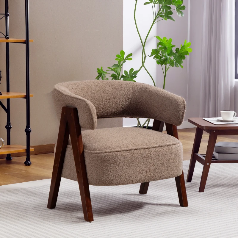 HOMCOM Sherpa Fleece Accent Chair, Upholstered Armchair with Solid Wood Legs and Steel Frame for Living Room, Light Brown