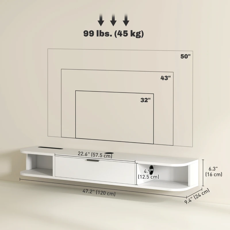 HOMCOM 47" Floating TV Stand for TVs up to 50 Inch, Wall Mounted Media Console with Flip Drawer and 2 Open Shelves, White