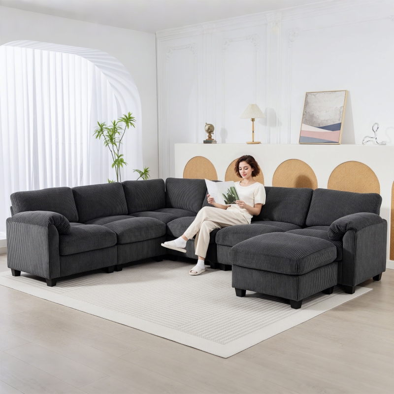 HOMCOM Modular Sectional Sofa, Oversized U-Shaped Couch with Spring Cushion, Corduroy Sofa for Living Room, Charcoal Grey