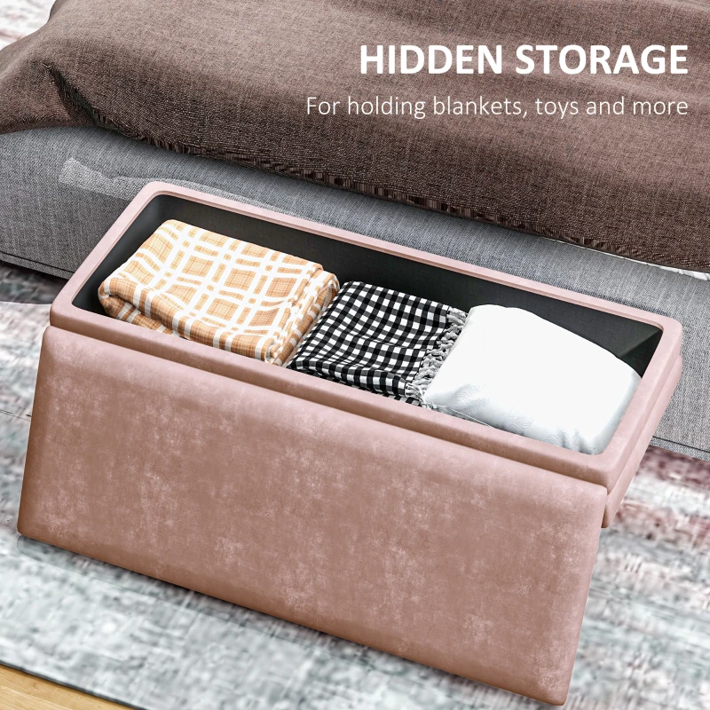 HOMCOM 39" Storage Ottoman, Velvet End of Bed Bench with Steel Legs, Foot Stool with Storage for Bedroom, Living Room, Pink