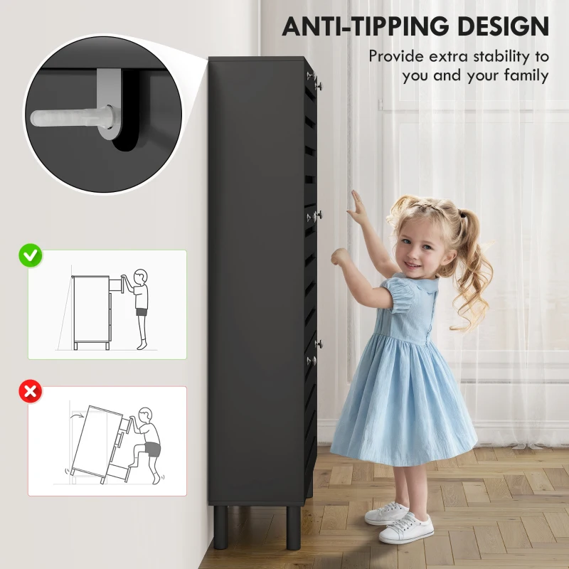 HOMCOM Narrow Shoe Storage Cabinet, 3 Flip Drawers, Adjustable Shelves, 24 Pairs Capacity, Black