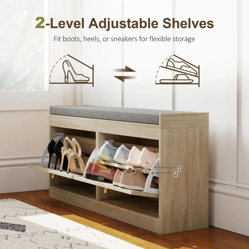 HOMCOM Shoe Bench with Flip Doors, Seat Cushion, Adjustable Shelves for 8 Pairs, Boho Entryway Bench for Bedroom, Natural Wood