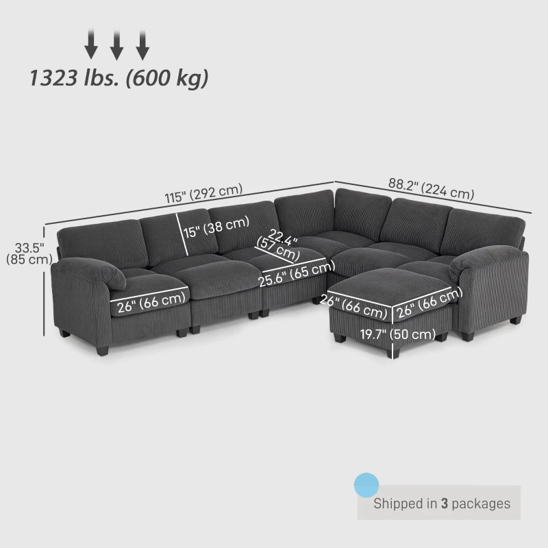 HOMCOM Modular Sectional Sofa, Oversized U-Shaped Couch with Spring Cushion, Corduroy Sofa for Living Room, Charcoal Grey