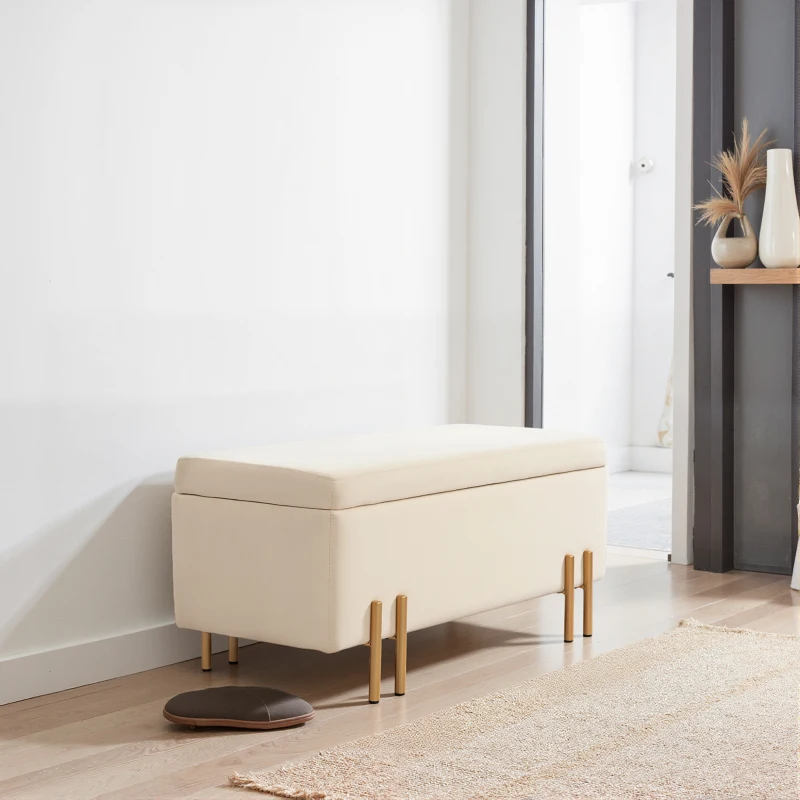 HOMCOM Storage Ottoman Bench, Flip-Top Bedroom Bench, 18.5 Gallons, Modern Velvet Storage Chest with Metal Legs, Beige