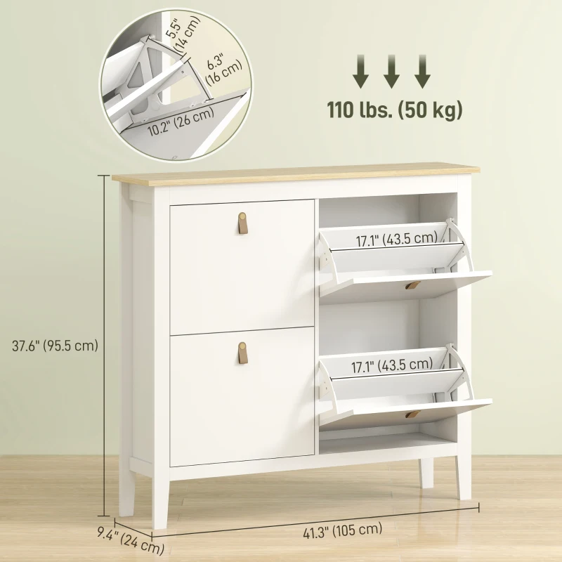 HOMCOM Narrow Shoe Cabinet with 4 Flip Drawers, Adjustable Shelves for Entryway, Holds 12-20 Pairs, White