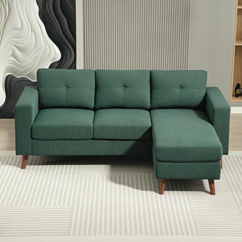 HOMCOM Sectional Sofa with Changeable Chaise Lounge, 3 Seat L-Shaped Sofa, Upholstered Couch for Small Space, Dark Green
