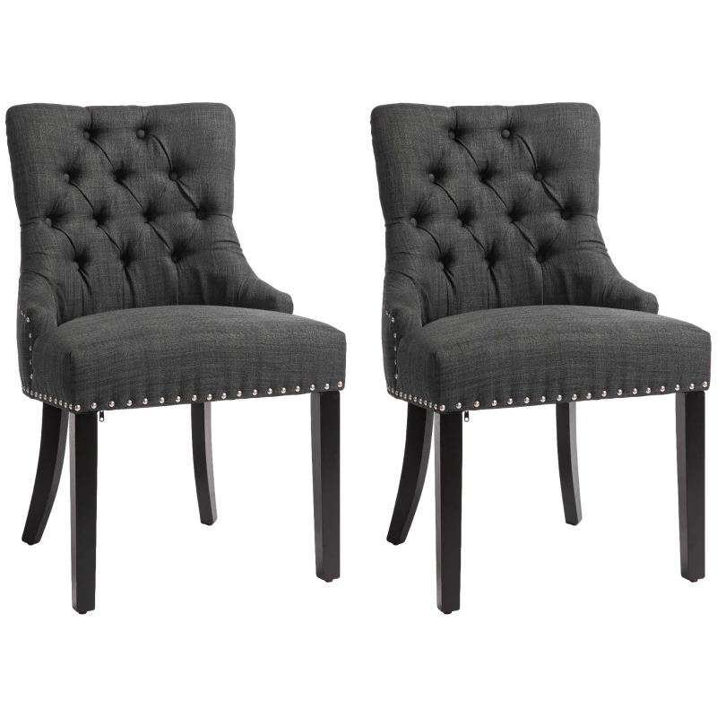HOMCOM Swoop Air Linen Fabric Dining Chair Set of 2 with Nailhead Trim and Wood Legs, Dark Grey