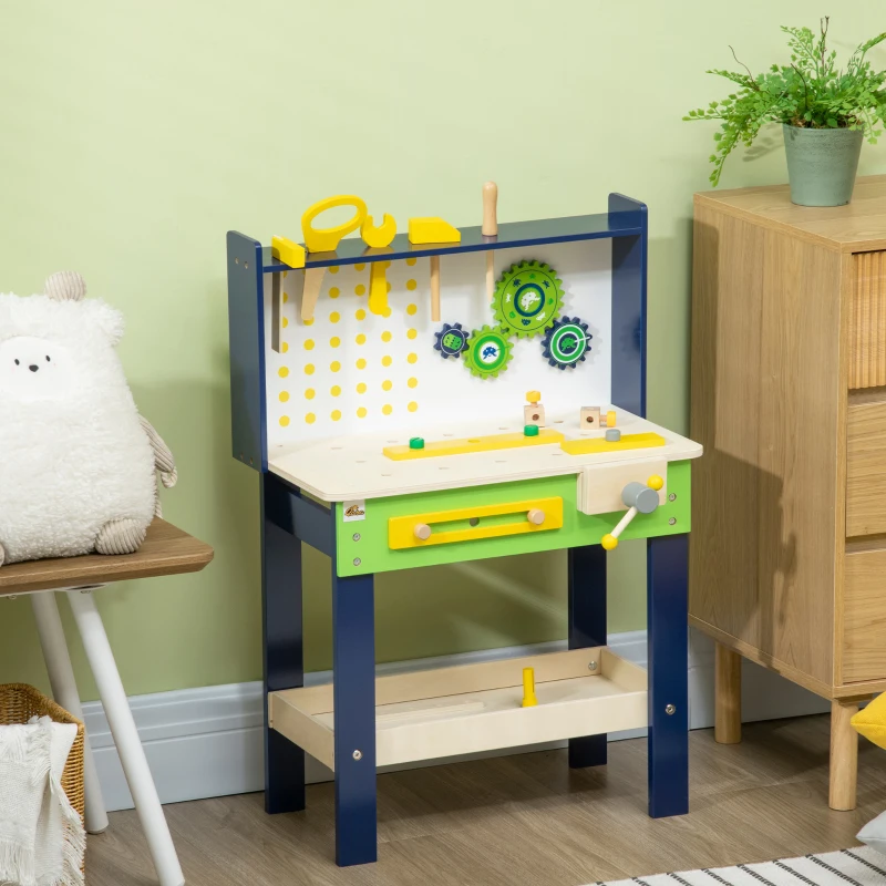 Qaba Wooden Kids Tool Bench with 27 Piece Tool Kit, Construction Work Shop Toy for Toddlers & Ages 3-6, Kids Workbench Playset Gift for Girls and Boys