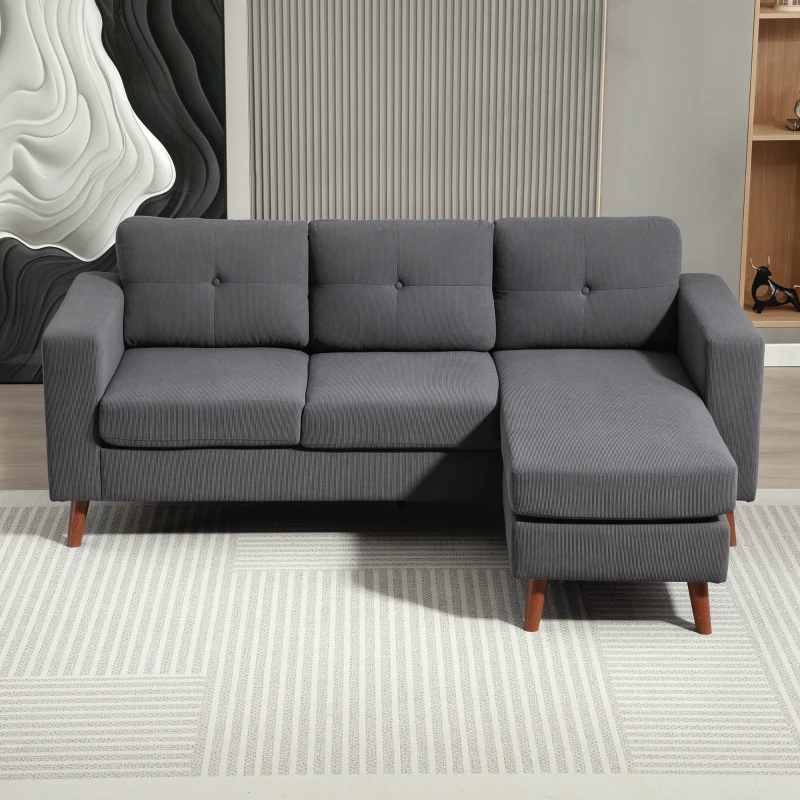 HOMCOM Sectional Sofa with Changeable Chaise Lounge, 3 Seat L-Shaped Sofa, Upholstered Couch for Small Space, Dark Grey