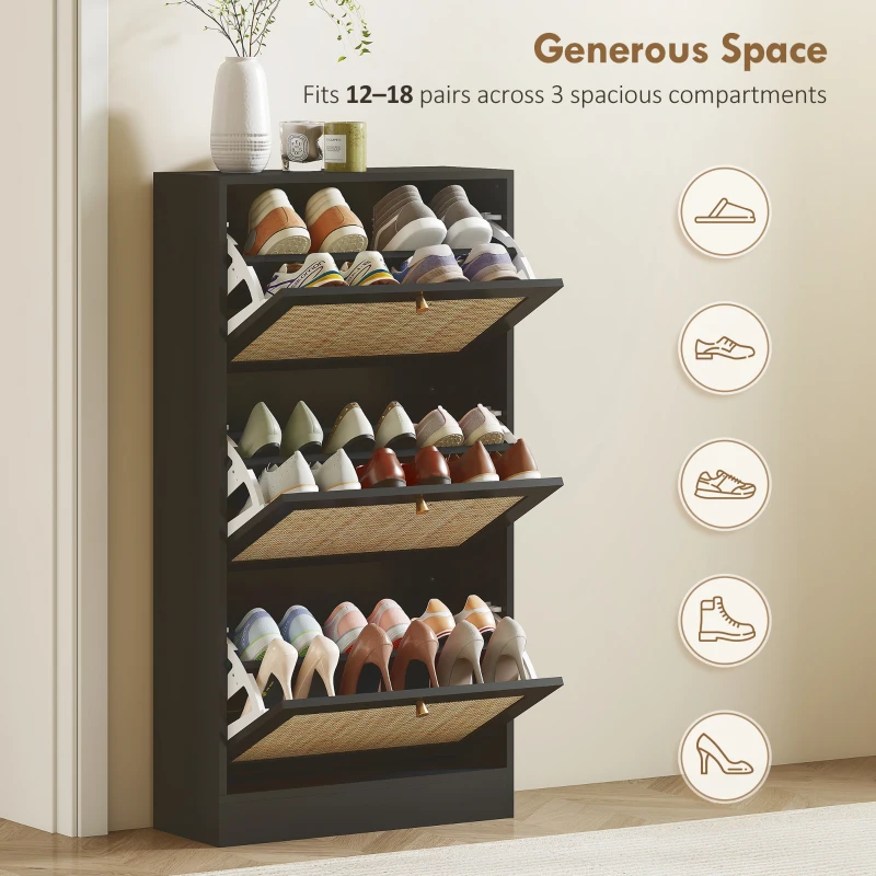 HOMCOM Rattan Shoe Storage Cabinet with 3 Flip Drawers and Adjustable Shelves, Entryway Shoe Cabinet for 18 Pairs, Black