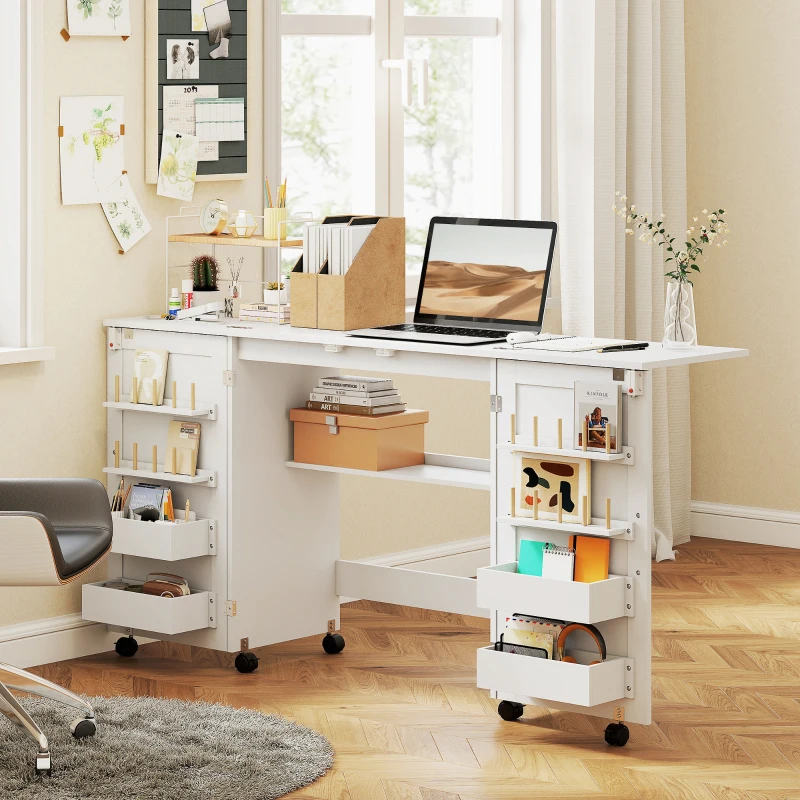 HOMCOM Folding Craft Table, Rolling Sewing Machine Table with Magnetic Doors, Bins, Pegs, Storage Shelf, Lockable Wheels, White