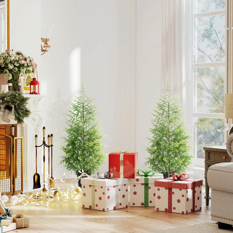 HOMCOM Set of 2 Artificial Christmas Tree, 4 ft Norflok Pine Xmas Tree with 133 Molded Tips and Pot Base, Easy Assembly, Green