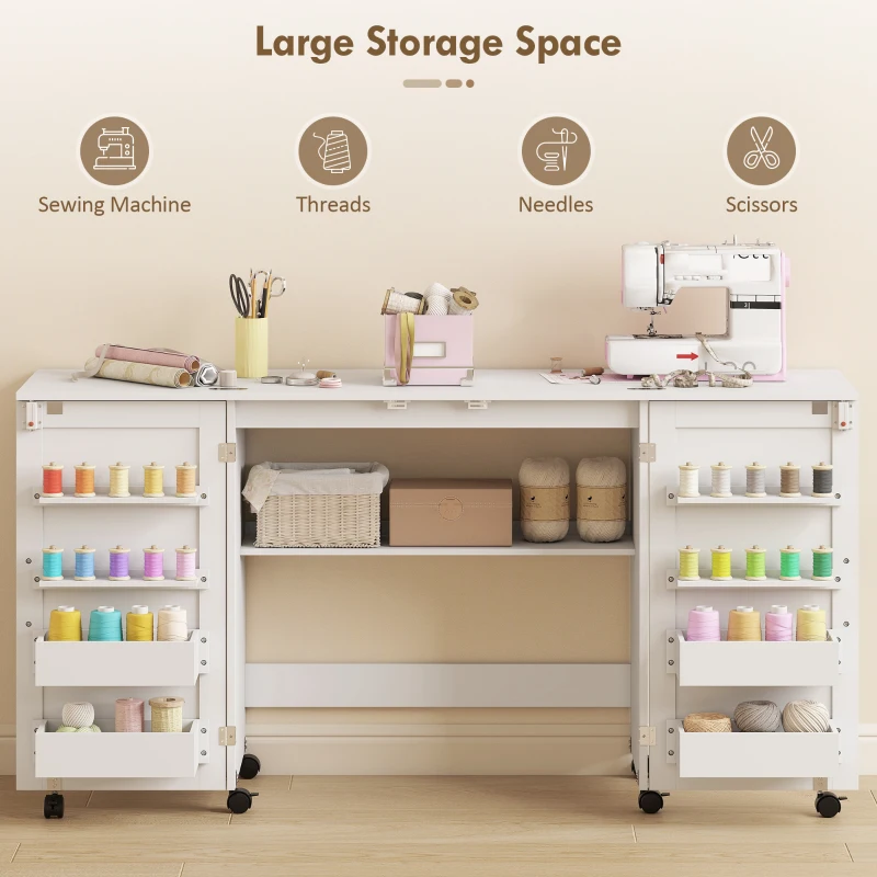HOMCOM Folding Craft Table, Rolling Sewing Machine Table with Magnetic Doors, Bins, Pegs, Storage Shelf, Lockable Wheels, White