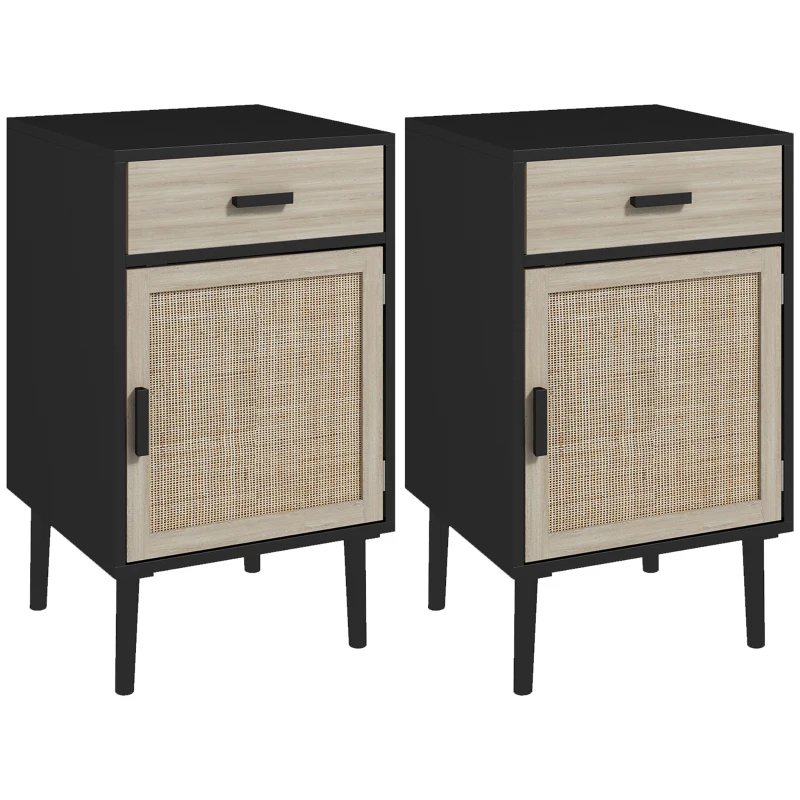 HOMCOM Boho Bedside Tables Set of 2, Nightstands with Drawer, Rattan Cabinet, Adjustable Shelf for Bedroom, Living Room, Black