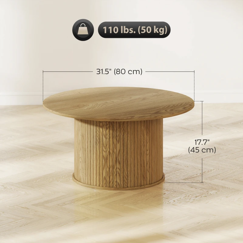 HOMCOM 31.5" Round Coffee Table, Nordic Style Center Table with Fluted Cylindrical Base for Living Room, Oak