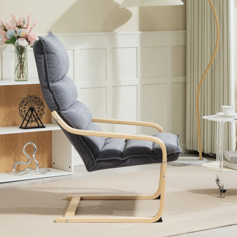 HOMCOM Birch Wood Fabric Modern Armchair, Accent Chair with Curved Leg and Arm for Living Room, Grey