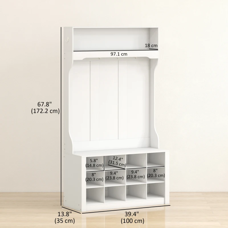 HOMCOM 4-In-1 Hall Tree with Bench and Shoe Storage, Farmhouse Coat Rack Shoe Bench with 12 Shoe Cubbies, 6 Hooks, White