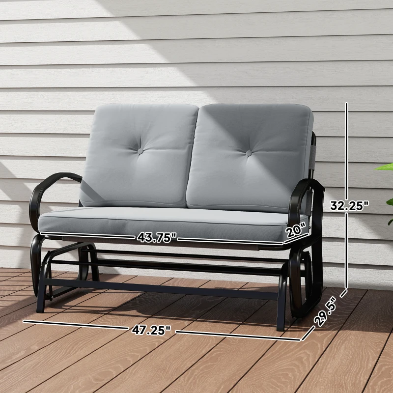 Outsunny Outdoor Glider Bench, 2-Person Patio Rocker Loveseat with Tufted Cushions, Steel Frame for Porch, Garden Backyard, Gray