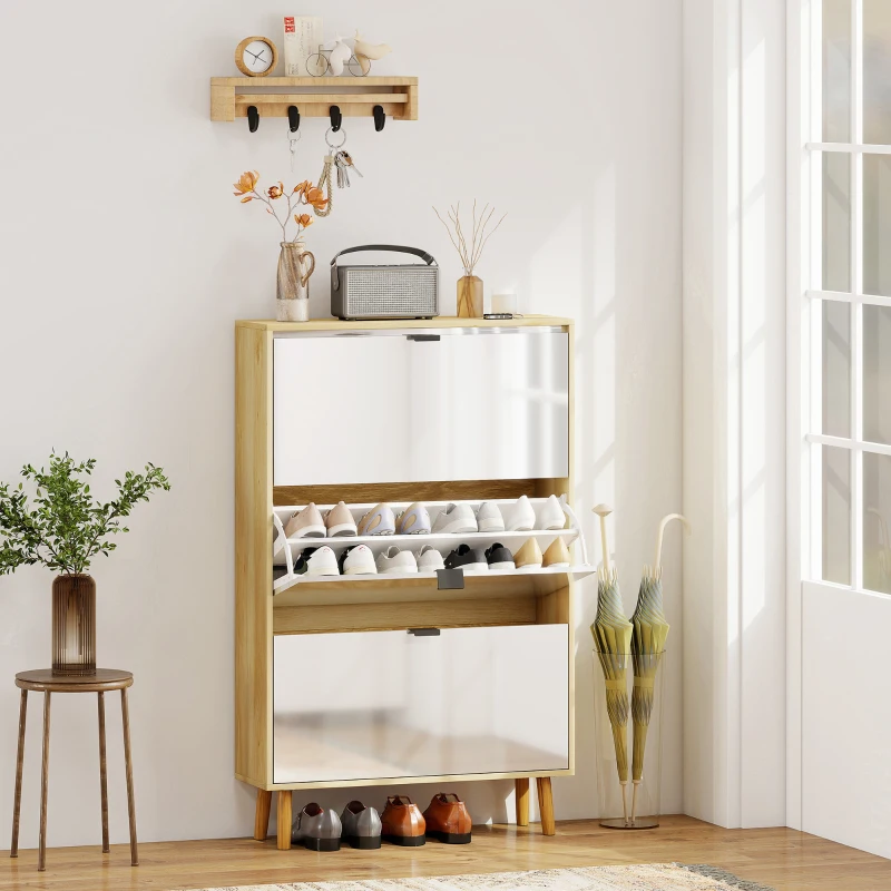 HOMCOM Narrow Shoe Cabinet, High Gloss Shoe Storage Cabinet with 3 Flip Drawers and Adjustable Shelves, Holds 24 Pairs, White