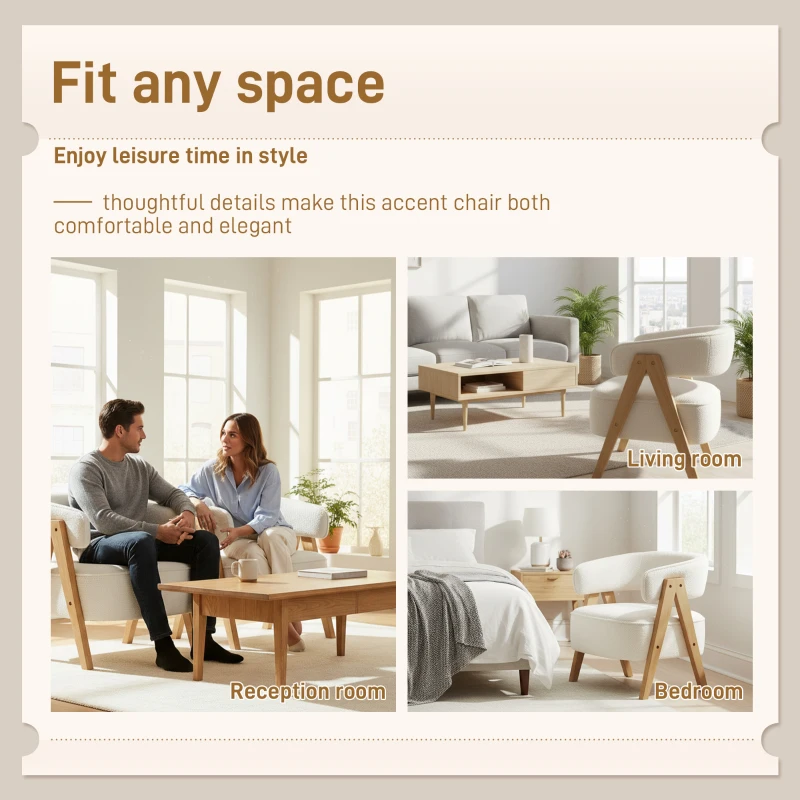 HOMCOM Sherpa Fleece Accent Chair, Upholstered Armchair with Solid Wood Legs and Steel Frame for Living Room, White