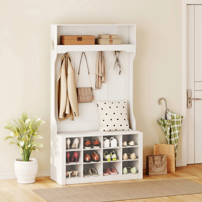 HOMCOM 4-In-1 Hall Tree with Bench and Shoe Storage, Farmhouse Coat Rack Shoe Bench with 12 Shoe Cubbies, 6 Hooks, White