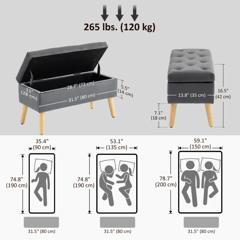 HOMCOM Storage Ottoman with Lid, Velvet Upholstered Storage Bench with Wood Legs for Living Room, Charcoal Grey