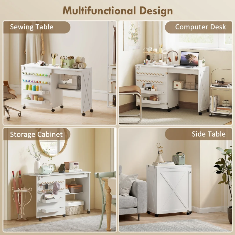 HOMCOM Sewing Machine Table on Wheels, Folding Craft Table with 2 Bins, Storage Shelf, 18 Pegs, Lockable Wheels, White
