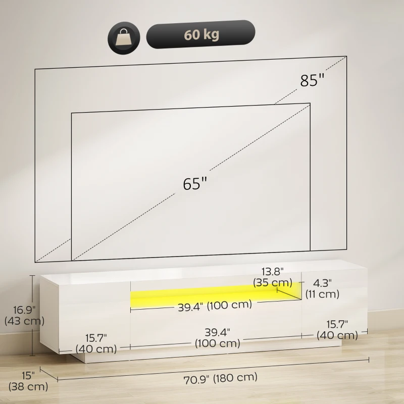 HOMCOM Entertainment Center with RGB LED Lights, TV Stand for 65-85 Inch TV, Modern TV Table for Living Room, High Gloss White