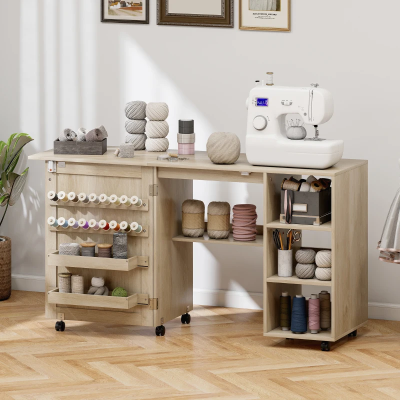 HOMCOM Sewing Machine Table with Drop Leaf, Folding Craft Table Rattan Door and Storage Shelves for Small Spaces, Natural