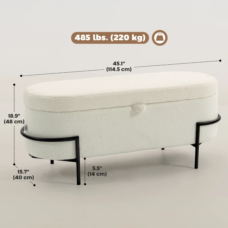 HOMCOM Storage Ottoman with Lift-Up Lid and Steel Legs, 45 Inches Sherpa Fleece Storage Chest for Living Room, Cream White
