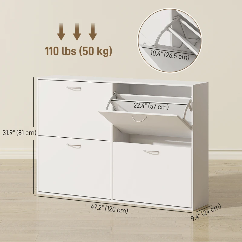 HOMCOM Flip Down Shoe Rack, Multi Cabinet, Wooden Shoe Shelf, Entryway, 4 Drawer Organizer, Freestanding Unit, White