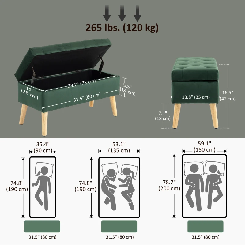 HOMCOM Storage Ottoman with Lid, Velvet Upholstered Storage Bench with Wood Legs for Living Room, Dark Green