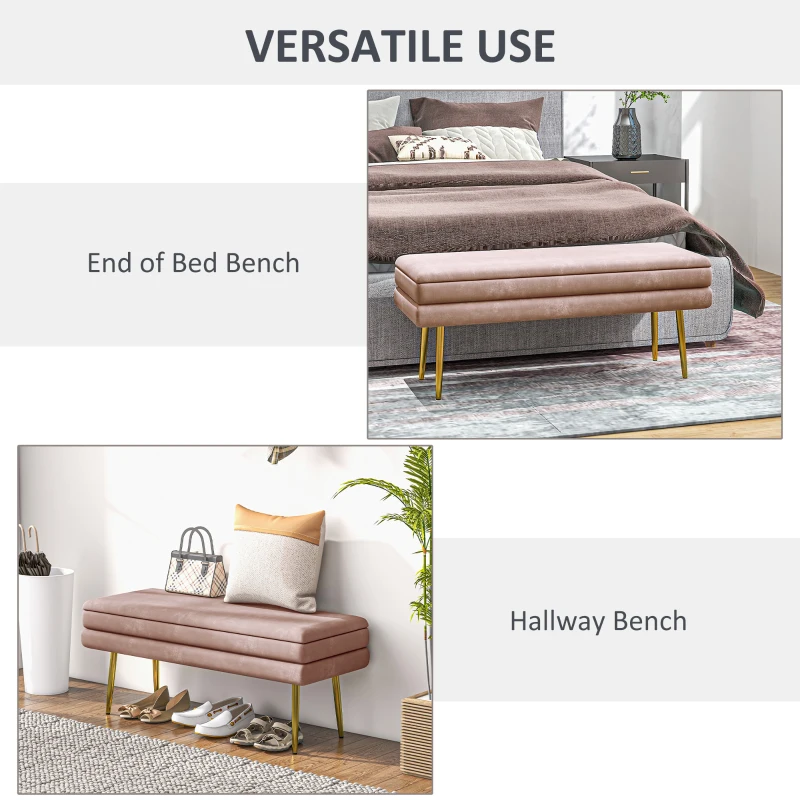 HOMCOM 39" Storage Ottoman, Velvet End of Bed Bench with Steel Legs, Foot Stool with Storage for Bedroom, Living Room, Pink