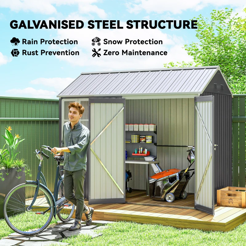 Outsunny 8' x 5.5' Metal Garden Storage Shed, Extra Large Outdoor Tool Storage House w/Lockable Doors, Window, Air Vents, Gray