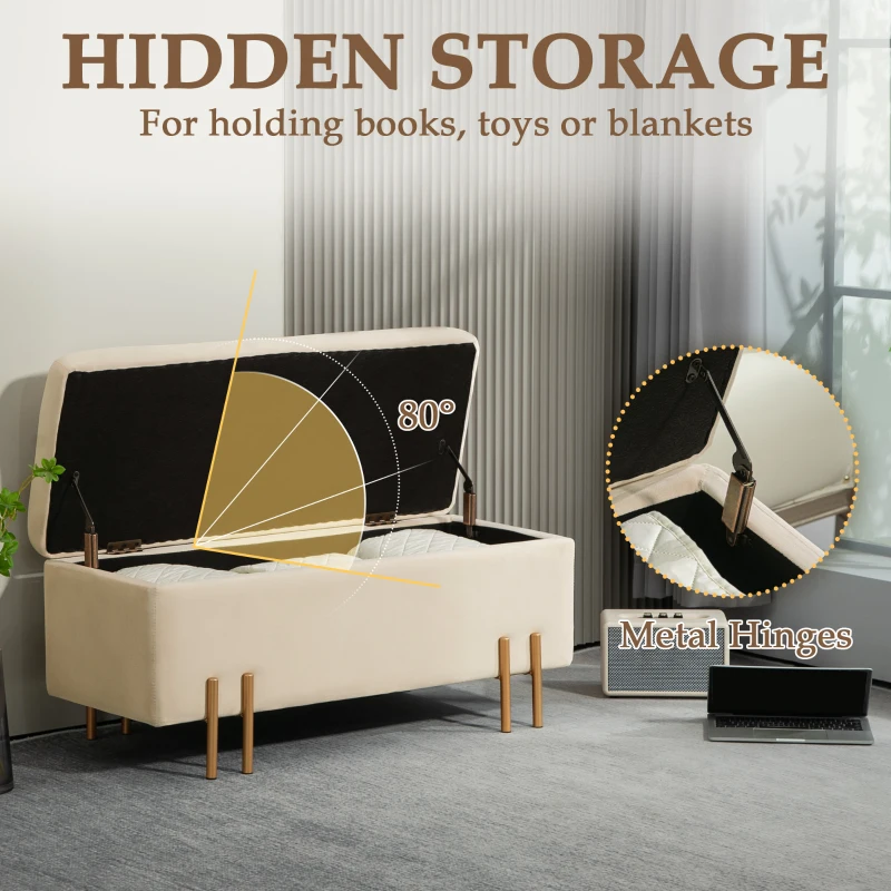 HOMCOM Storage Ottoman Bench, Flip-Top Bedroom Bench, 18.5 Gallons, Modern Velvet Storage Chest with Metal Legs, Beige