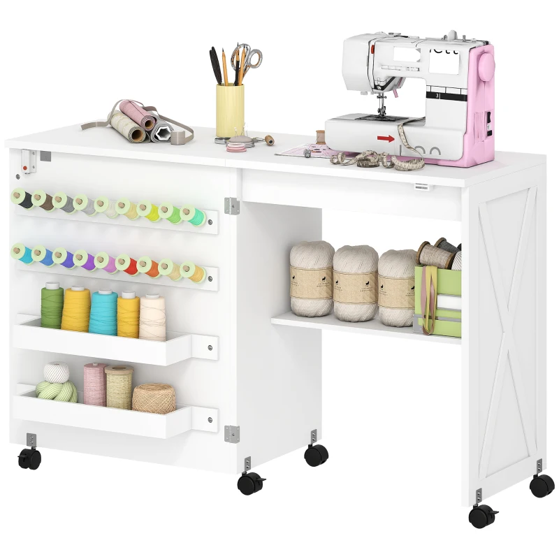 HOMCOM Sewing Machine Table on Wheels, Folding Craft Table with 2 Bins, Storage Shelf, 18 Pegs, Lockable Wheels, White